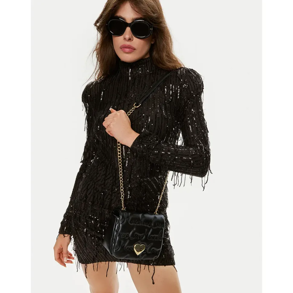 Borsa a Tracolla LOVE MOSCHINO Nera con Logo Ricamato All Over