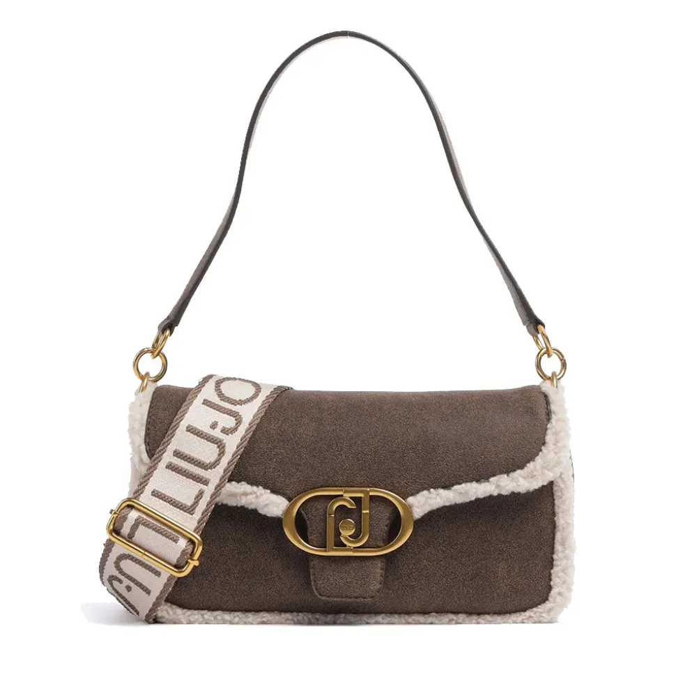 Borsa Donna a Spalla LIU JO in Tessuto Spalmato Marrone con Inserti Teddy