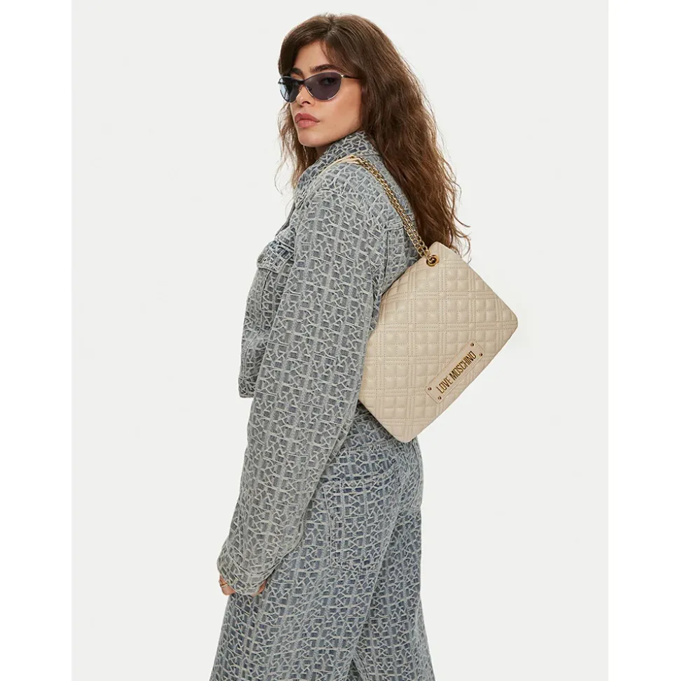 Borsa Donna a Spalla Trapuntata LOVE MOSCHINO linea Lettering Logo Avorio