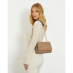 Borsa Donna a Tracolla GUESS Chiusa con Pattina Linea Noelle colore Latte Logo - Brown