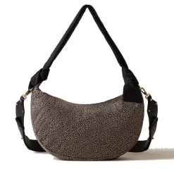 Borsa Donna Hobo Medium BORBONESE linea Lover in Tessuto stampa Op Naturale e Nero