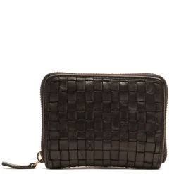 Portafoglio Donna Piccolo Zip Around in Pelle Nera Intrecciata Gianni Conti