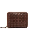 Portafoglio Donna Piccolo Zip Around in Pelle Marrone Intrecciata Gianni Conti