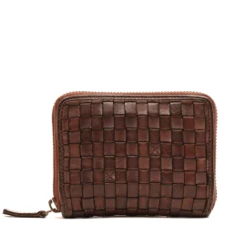 Portafoglio Donna Piccolo Zip Around in Pelle Marrone Intrecciata Gianni Conti