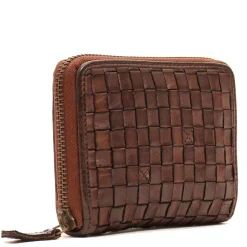 Portafoglio Donna Piccolo Zip Around in Pelle Marrone Intrecciata Gianni Conti