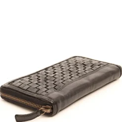 Portafoglio Donna Zip Around in Pelle Nera Intrecciata Gianni Conti