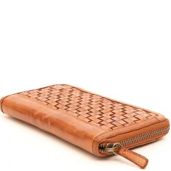Portafoglio Donna Zip Around in Pelle Color Cognac Intrecciata Gianni Conti