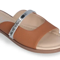 Sandali Flat LIU JO Amira 933 stampa Saffiano color Cuoio con Cinturino Silver