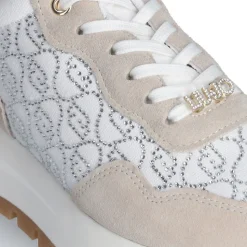 Scarpe Donna LIU JO Amazing 20 Sneakers Platform in Suede Sabbia e Canvas Bainca con Strass