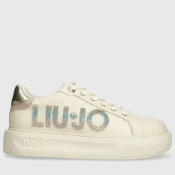 Scarpe Donna LIU JO Kylie 22 Sneakers Platform in Pelle Avorio con Maxi Logo in Paillettes Glitter