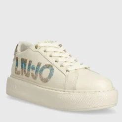Scarpe Donna LIU JO Kylie 22 Sneakers Platform in Pelle Avorio con Maxi Logo in Paillettes Glitter