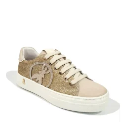 Sneakers PATRIZIA PEPE Girl con Glitter Oro All Over e Inserti in Pelle Beige